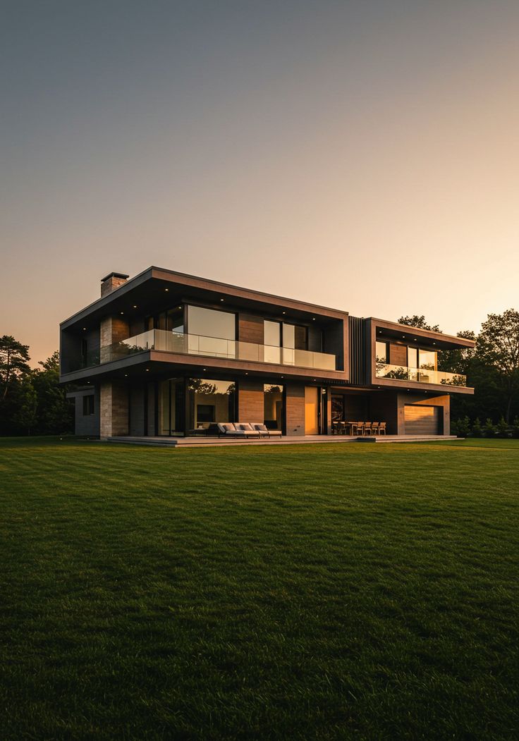 Contemporary two-storey villa in warm light at dusk, seen across its lawn.